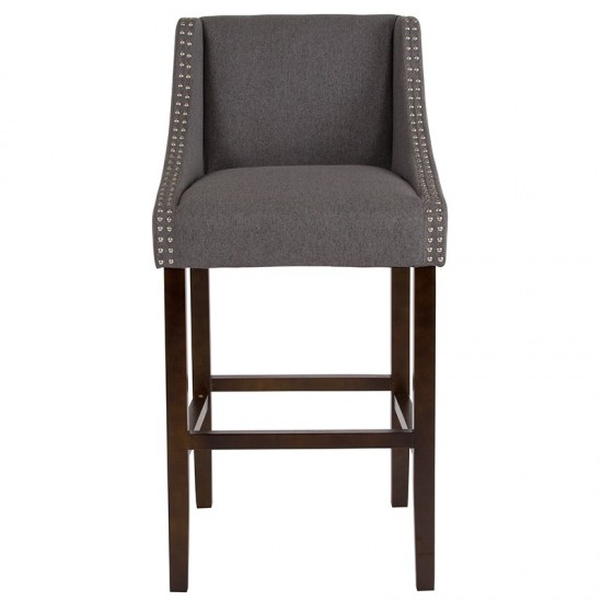 Carmel Series 30" High Transitional Walnut Barstool with Accent Nail Trim in Dark Gray Fabric