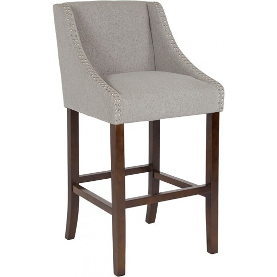 Carmel Series 30" High Transitional Walnut Barstool with Accent Nail Trim in Light Gray Fabric