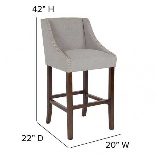 Carmel Series 30" High Transitional Walnut Barstool with Accent Nail Trim in Light Gray Fabric