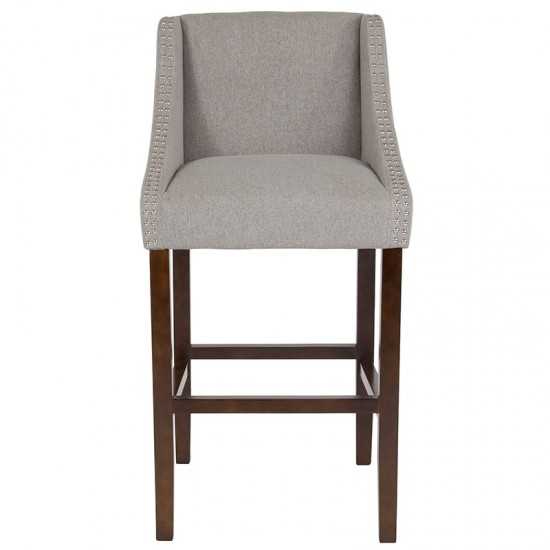 Carmel Series 30" High Transitional Walnut Barstool with Accent Nail Trim in Light Gray Fabric