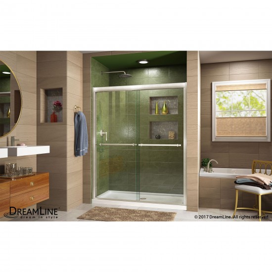 Duet 30 in. D x 60 in. W x 74 3/4 in. H Semi-Frameless Bypass Shower Door in Brushed Nickel and Center Drain White Base