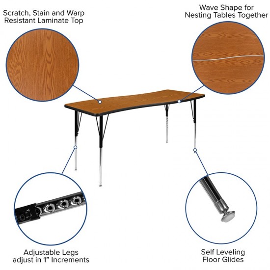 26"W x 60"L Rectangular Wave Collaborative Oak Thermal Laminate Activity Table - Standard Height Adjustable Legs