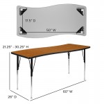 26"W x 60"L Rectangular Wave Collaborative Oak Thermal Laminate Activity Table - Standard Height Adjustable Legs