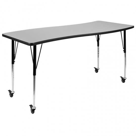 Mobile 26"W x 60"L Rectangular Wave Collaborative Grey Thermal Laminate Activity Table - Standard Height Adjustable Legs