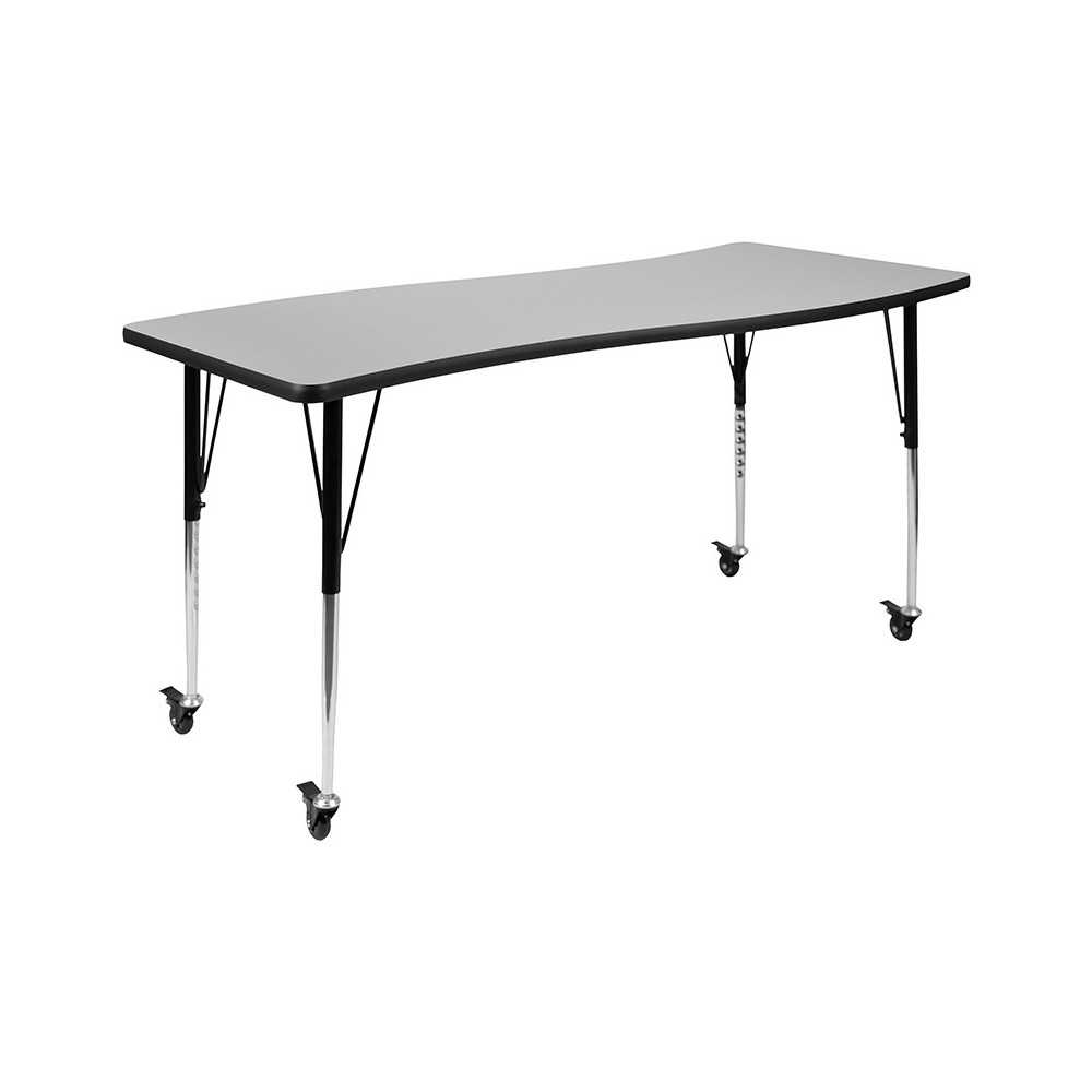 Mobile 26"W x 60"L Rectangular Wave Collaborative Grey Thermal Laminate Activity Table - Standard Height Adjustable Legs