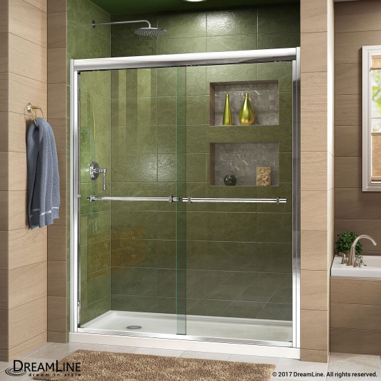 Duet 34 in. D x 60 in. W x 74 3/4 in. H Semi-Frameless Bypass Shower Door in Chrome and Left Drain White Base