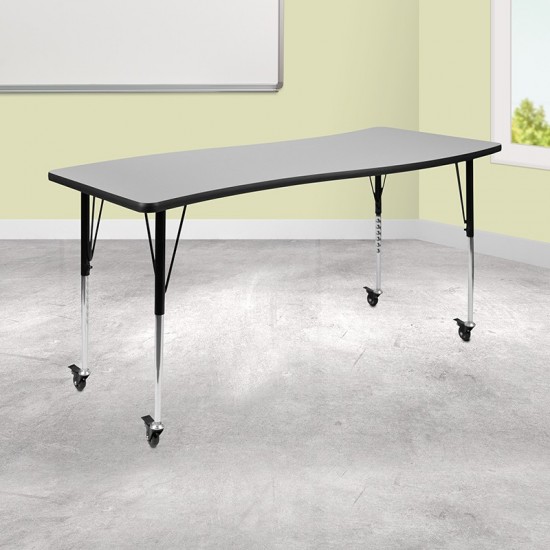 Mobile 26"W x 60"L Rectangular Wave Collaborative Grey Thermal Laminate Activity Table - Standard Height Adjustable Legs