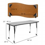 Mobile 26"W x 60"L Rectangular Wave Collaborative Grey Thermal Laminate Activity Table - Standard Height Adjustable Legs