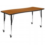 Mobile 26"W x 60"L Rectangular Wave Collaborative Oak Thermal Laminate Activity Table - Standard Height Adjustable Legs