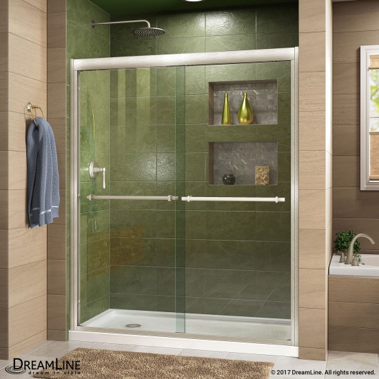 Duet 36 in. D x 60 in. W x 74 3/4 in. H Semi-Frameless Bypass Shower Door in Brushed Nickel and Left Drain White Base