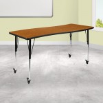 Mobile 26"W x 60"L Rectangular Wave Collaborative Oak Thermal Laminate Activity Table - Standard Height Adjustable Legs