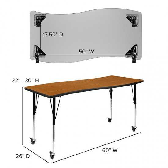 Mobile 26"W x 60"L Rectangular Wave Collaborative Oak Thermal Laminate Activity Table - Standard Height Adjustable Legs