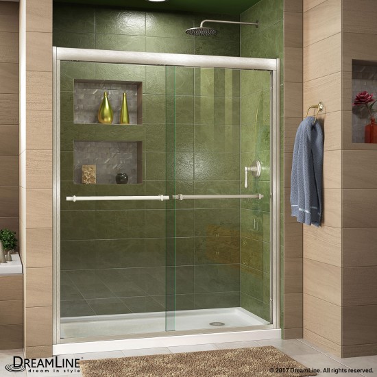 Duet 36 in. D x 60 in. W x 74 3/4 in. H Semi-Frameless Bypass Shower Door in Brushed Nickel and Right Drain White Base