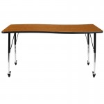 Mobile 26"W x 60"L Rectangular Wave Collaborative Oak Thermal Laminate Activity Table - Standard Height Adjustable Legs