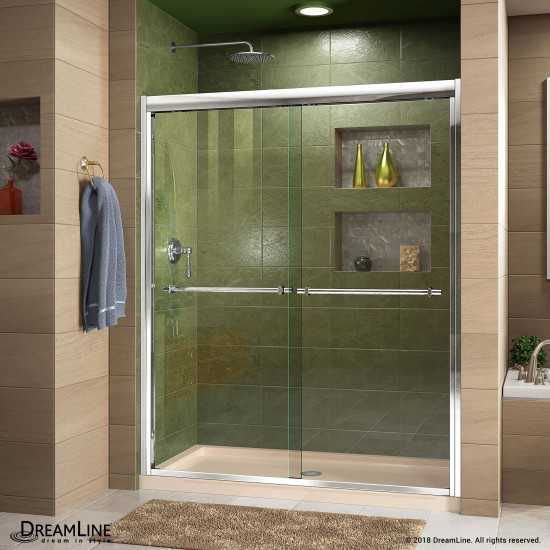 Duet 30 in. D x 60 in. W x 74 3/4 in. H Semi-Frameless Bypass Shower Door in Chrome and Center Drain Biscuit Base