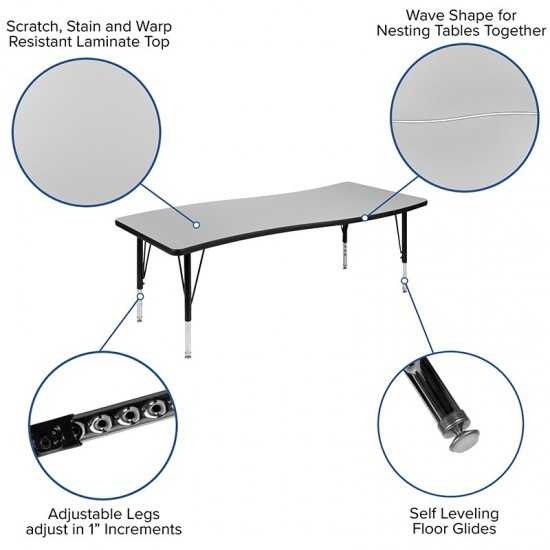 26"W x 60"L Rectangular Wave Collaborative Grey Thermal Laminate Activity Table - Height Adjustable Short Legs