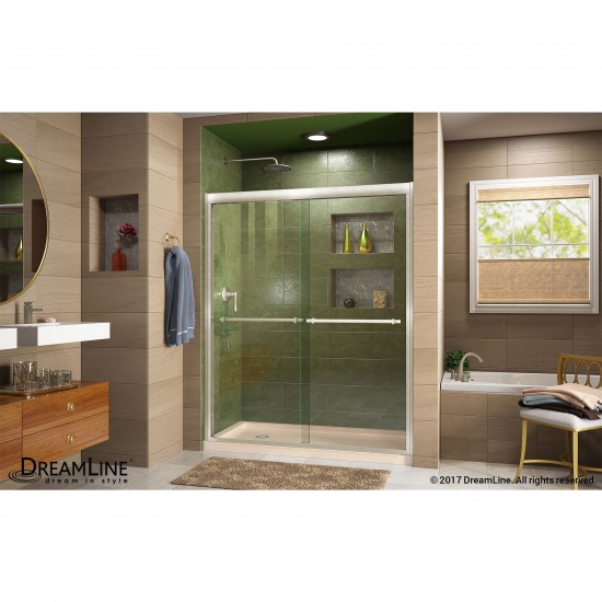 Duet 30 in. D x 60 in. W x 74 3/4 in. H Semi-Frameless Bypass Shower Door in Brushed Nickel and Left Drain Biscuit Base