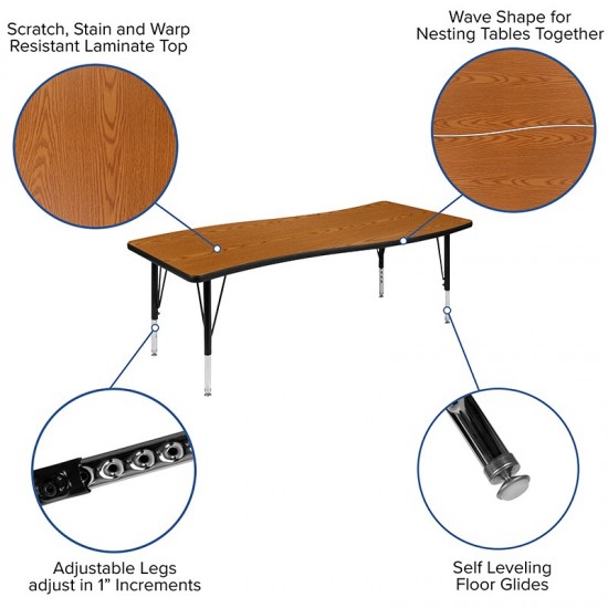 26"W x 60"L Rectangular Wave Collaborative Oak Thermal Laminate Activity Table - Height Adjustable Short Legs