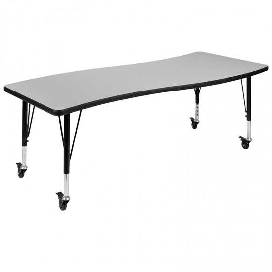 Mobile 26"W x 60"L Rectangular Wave Collaborative Grey Thermal Laminate Activity Table - Height Adjustable Short Legs