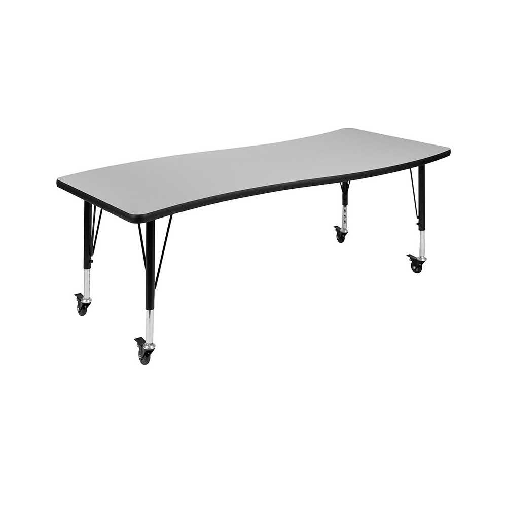 Mobile 26"W x 60"L Rectangular Wave Collaborative Grey Thermal Laminate Activity Table - Height Adjustable Short Legs