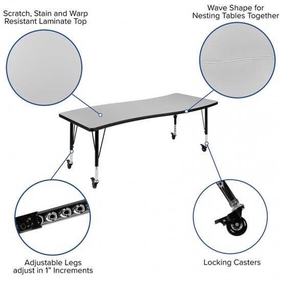 Mobile 26"W x 60"L Rectangular Wave Collaborative Grey Thermal Laminate Activity Table - Height Adjustable Short Legs