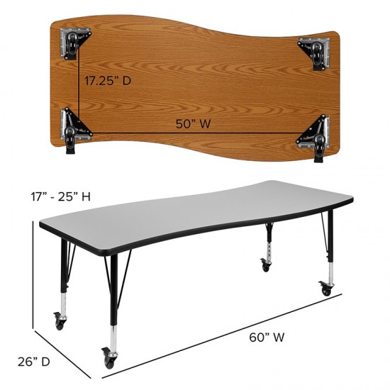 Mobile 26"W x 60"L Rectangular Wave Collaborative Grey Thermal Laminate Activity Table - Height Adjustable Short Legs