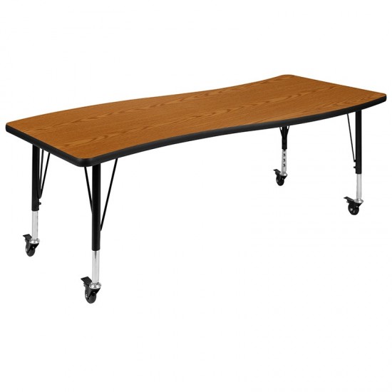 Mobile 26"W x 60"L Rectangular Wave Collaborative Oak Thermal Laminate Activity Table - Height Adjustable Short Legs