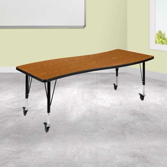 Mobile 26"W x 60"L Rectangular Wave Collaborative Oak Thermal Laminate Activity Table - Height Adjustable Short Legs