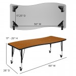 Mobile 26"W x 60"L Rectangular Wave Collaborative Oak Thermal Laminate Activity Table - Height Adjustable Short Legs