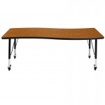 Mobile 26"W x 60"L Rectangular Wave Collaborative Oak Thermal Laminate Activity Table - Height Adjustable Short Legs