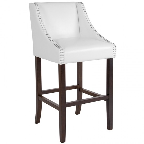 Carmel Series 30" High Transitional Walnut Barstool with Accent Nail Trim in White LeatherSoft