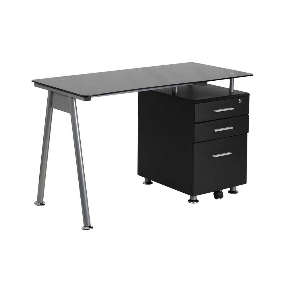 Black Glass Computer Desk with Three Drawer Pedestal