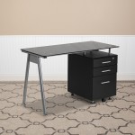 Black Glass Computer Desk with Three Drawer Pedestal