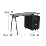 Black Glass Computer Desk with Three Drawer Pedestal