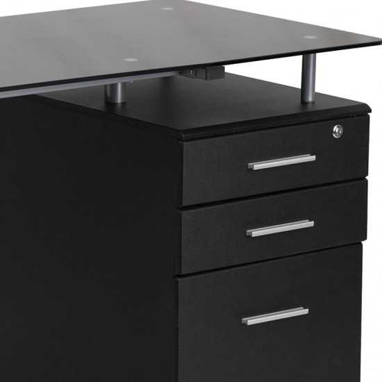 Black Glass Computer Desk with Three Drawer Pedestal