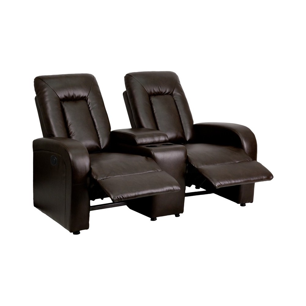 Eclipse Series 2-Seat Push Button Motorized Reclining Brown LeatherSoft Theater Seating Unit with Cup Holders