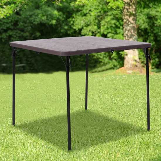 2.83-Foot Square Bi-Fold Brown Wood Grain Plastic Folding Table with Carrying Handle
