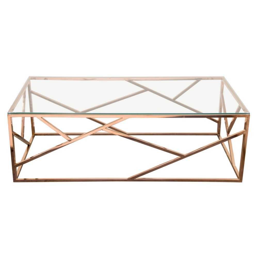 Rectangular Cocktail Table with Clear Tempered Glass Top and Polished Stainless Steel Base in Rose Gold Finish by Diamond Sof