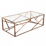 Rectangular Cocktail Table with Clear Tempered Glass Top and Polished Stainless Steel Base in Rose Gold Finish by Diamond Sof