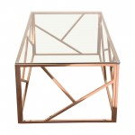 Rectangular Cocktail Table with Clear Tempered Glass Top and Polished Stainless Steel Base in Rose Gold Finish by Diamond Sof