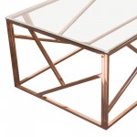 Rectangular Cocktail Table with Clear Tempered Glass Top and Polished Stainless Steel Base in Rose Gold Finish by Diamond Sof