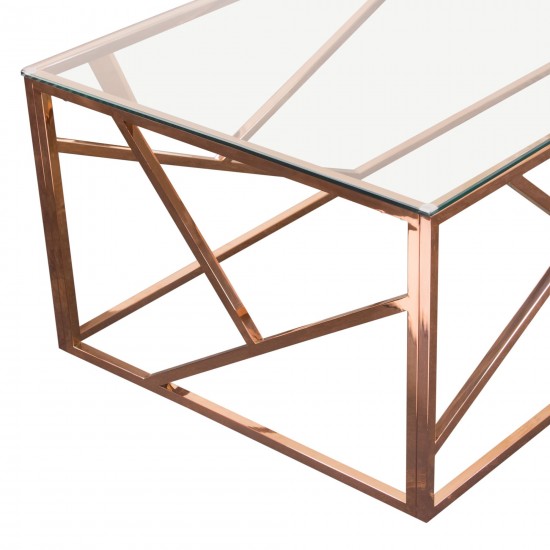 Rectangular Cocktail Table with Clear Tempered Glass Top and Polished Stainless Steel Base in Rose Gold Finish by Diamond Sof