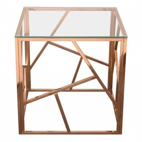 Nest Square End Table with Clear Tempered Glass Top and Polished Stainless Steel Base in Rose Gold Finish by Diamond Sofa