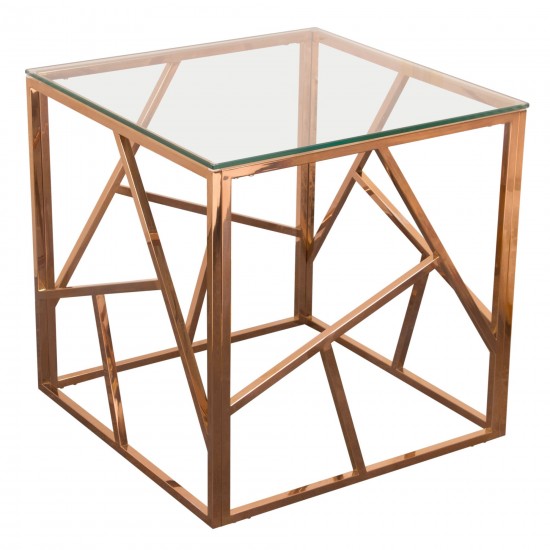 Nest Square End Table with Clear Tempered Glass Top and Polished Stainless Steel Base in Rose Gold Finish by Diamond Sofa