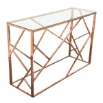 Rectangular Console Table with Clear Tempered Glass Top and Polished Stainless Steel Base in Rose Gold Finish by Diamond Sofa