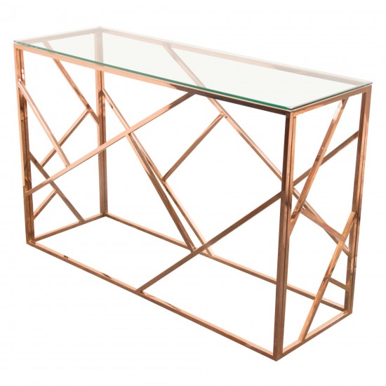 Rectangular Console Table with Clear Tempered Glass Top and Polished Stainless Steel Base in Rose Gold Finish by Diamond Sofa