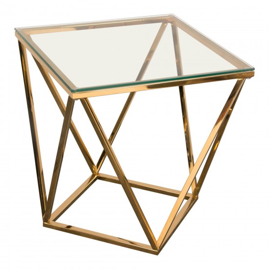 Gem End Table with Clear Tempered Glass Top and Polished Stainless Steel Base in Gold Finish by Diamond Sofa