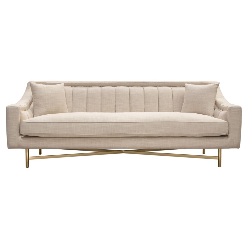 Croft Fabric Sofa in Sand Linen Fabric w/ Accent Pillows and Gold Metal Criss-Cross Frame by Diamond Sofa