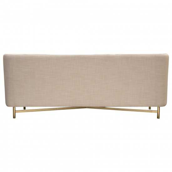 Croft Fabric Sofa in Sand Linen Fabric w/ Accent Pillows and Gold Metal Criss-Cross Frame by Diamond Sofa