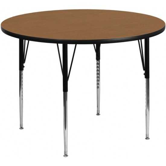 42'' Round Oak Thermal Laminate Activity Table - Standard Height Adjustable Legs